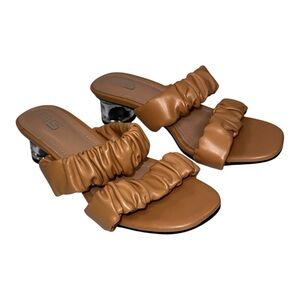 MG Tan Ruched Strap Slide Sandal Low Heel Square Toe Minimalist Size EU36 Size 6